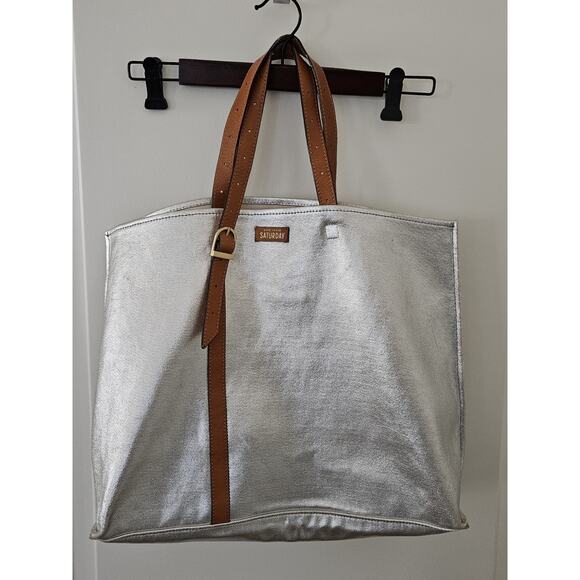 KATE SPADE SATURDAY Silver Metallic Canvas Large Tote Bag Purse Double Straps - Picture 1 of 11